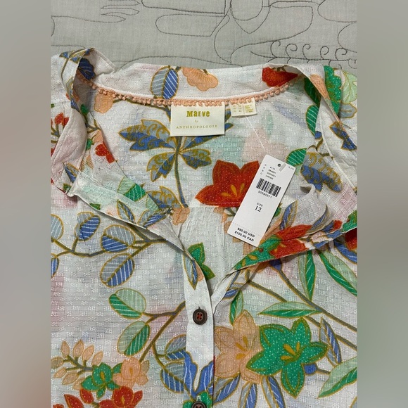 NWT Maeve Kalapana Blouse 12 Floral Balloon Cream Short Sleeves Button Down - Picture 11 of 14
